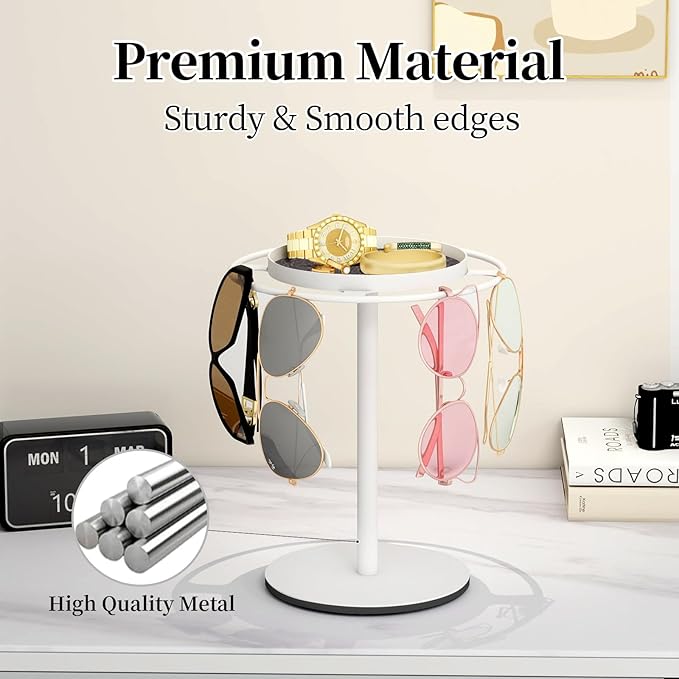 LSK Metal Sunglasses Organizer, Glasses Holder Stand with Storgae Tray, Eyeglasses Holder with Anti-Slip Pads for Tabletop, Desk, Dresser, White