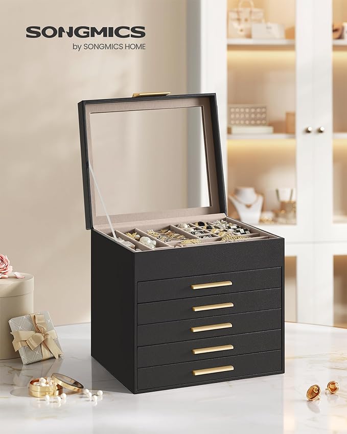 SONGMICS Jewelry Box Organizer with Glass Lid, 6-Layer Jewelry Storage, with 5 Drawers, Modern Style, Christmas Gift, 8 x 9.1 x 9 Inches, Graphite Black and Gold Color UJBC176B01