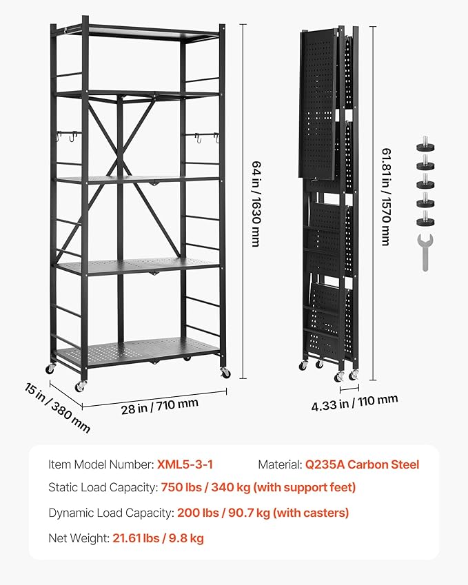 VEVOR 5-Tier Foldable Storage Shelf, 28W x 15D x 64H Inch Folding Metal Rack Shelving Unit, No Assembly Organizer Shelf with 5 Wheels & 4 Hooks for Pantry, Kitchen, Garage, Basement, Black