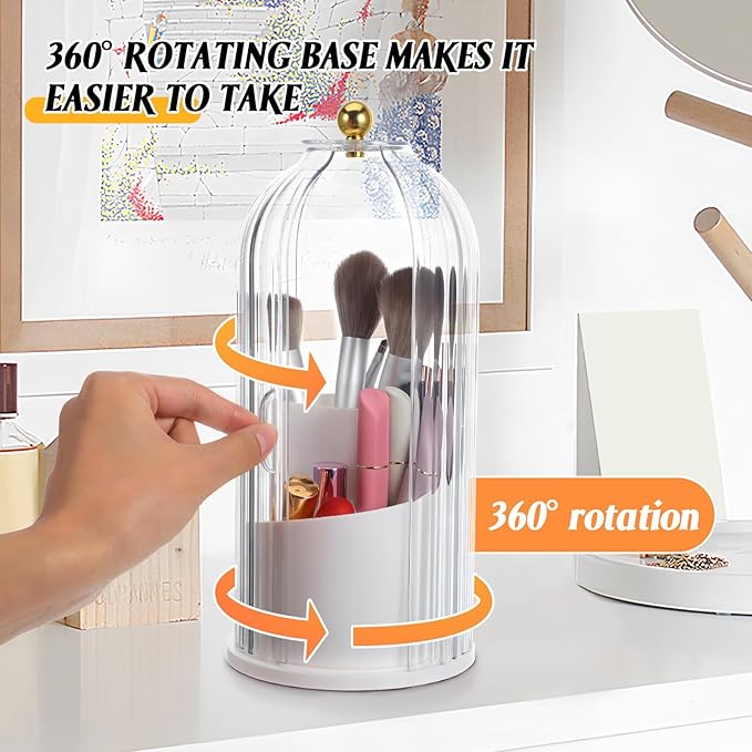 Rotating Makeup Brush Holder With Lid : Makeup Organizer For Vanity Dustproof Cosmetic Brush Organizer For Home Use, White, 9. 84 X 4. 92 X 4. 92 Inches