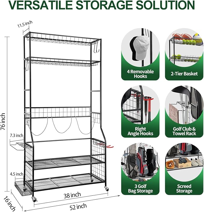 Golf Bag Storage Garage Organizer, 3 Golf Bags Organizer and Golfing Equipment Accessories Storage Rack, Sports Equipment Storage Organizer with Wheels, 4 Hooks, and Extra Club Display Rack