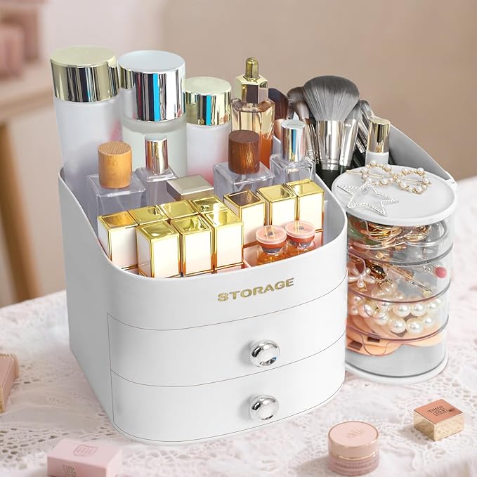 XIAPIA Makeup Organizer Countertop, Make Up Organizer for Vanity, Skincare & Cosmetic Organizers with Drawers, Bathroom Organizers Storage for Brush Holder|Lipstick|Jewelry, Ideal Gift for Women WHITE