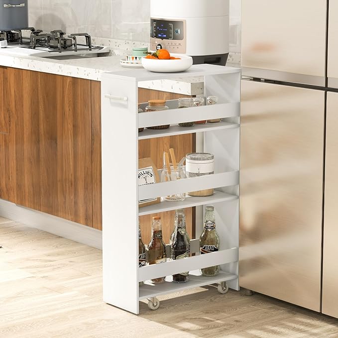 LOKO 4-Tier Rolling Storage Cart, 8 Inches Slim Kitchen Cart on Wheels with Open Shelves & Handle, Laundry Room Cart Between Washer and Dryer, for Narrow Space Bathroom Next to Fridge (White)