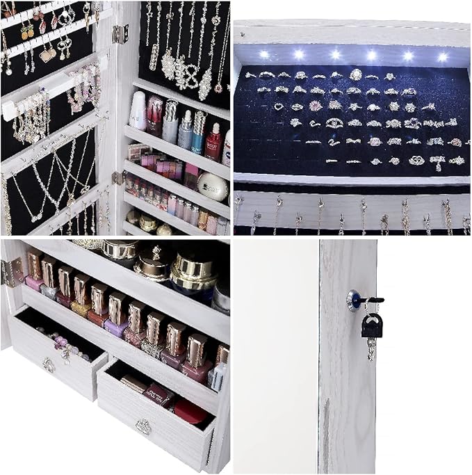 47" H Jewelry Armoire Full Length Mirror Cabinet Storage Organizer w/LED Light Wall-Mounted/Door-Hanging Lockable for Bedroom Makeups White