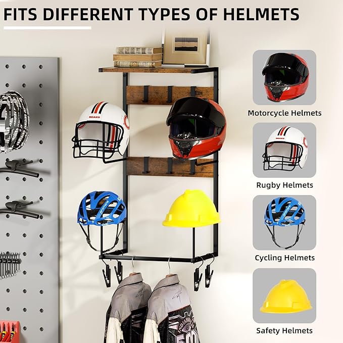Urban Deco Motorcycle Helmet Holder Wall Mount, Helmet Rack with 4 Hat Stands, Helmet Stand for Display Wall Mount, Motorcycle Accessories Gear Storage for Men, Large