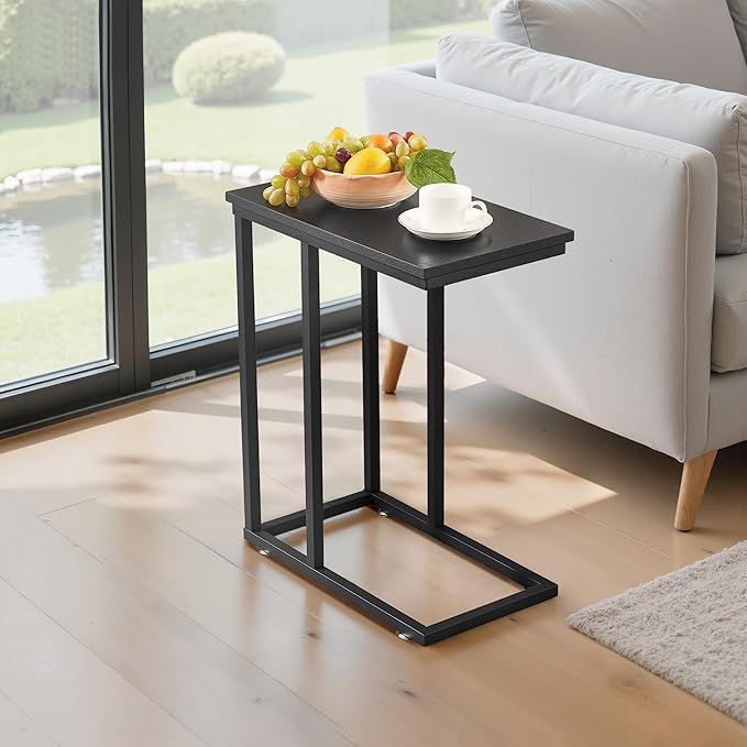 VECELO C Shaped End Side Table for Sofa Couch and Bed Snack TV Tray for Living Room Bedroom, 1 PCS,Black