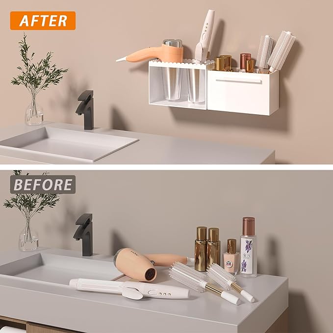 Hair Tool Organizer, Wall Mount Acrylic Hair Dryer Holder with 2 Cups Box Organizer, Scalloped Hair Styling Tools Organizer for Curling Iron Straightener Bathroom Storage(2 Cups Scalloped Box Set)