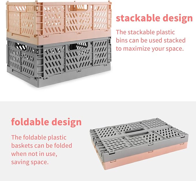 Domiella 2-Pack Crates for Storage, Storage Crates Plastic Stackable, Foldable Crate for Office Home Kitchen Bedroom Bathroom (Small, Pink)
