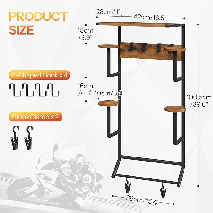 HOOBRO Motorcycle Helmet Rack Wall Mount, Helmet Holder with Hanging Rod, Storage Display Rack with 2 Glove Clamps and 4 Hooks, for Motorcycle Gear and Accessories, Rustic Brown and Black BF02TK01
