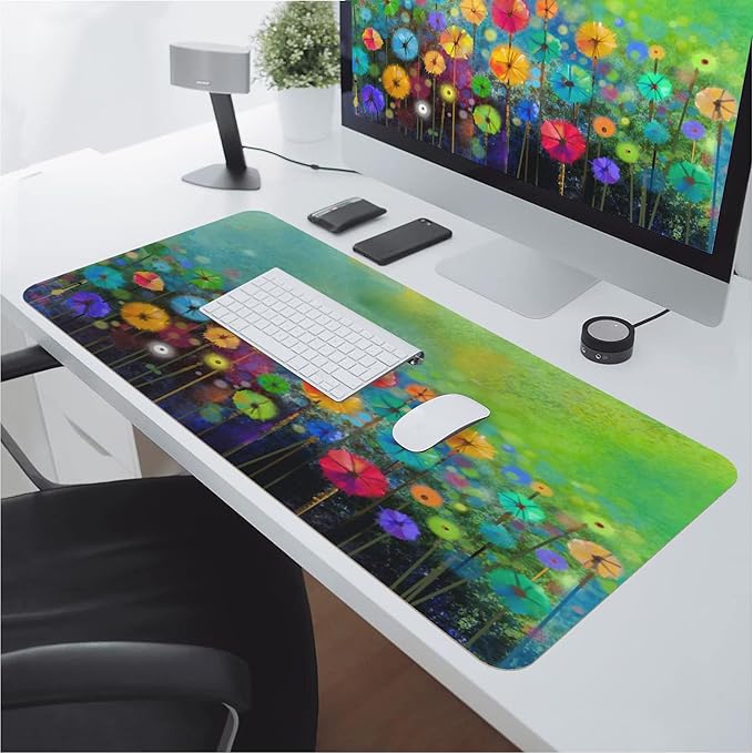 Desk Mat,Abstract Watercolor Flowers Extended Gaming Mouse Pad for Office Work & Game,Computer Keyboard Mouse Mat Desk Non-Slip Rubber Base Large Mousepad with Stitched Edges, 31.5x15.7inch