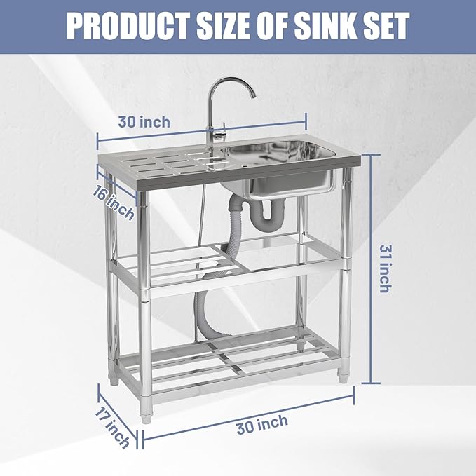 Outdoor Garden Free Standing Utility Stainless Steel Sink, Portable Single Bowl Washing Hand Basin Station Sink, with Drainboard Storage Shelves for Camping, Garage, Restaurant, Kitchen, Bar