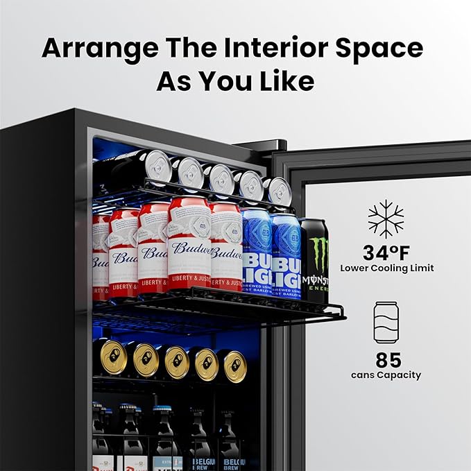 Yeego Beverage Refrigerator Cooler, 85 Cans Drink Mini Fridge with Glass Door for Soda Beer or Wine, Beverage Cooler with 34°F-54°F Digital Temperature Control for Home, Office, Bar