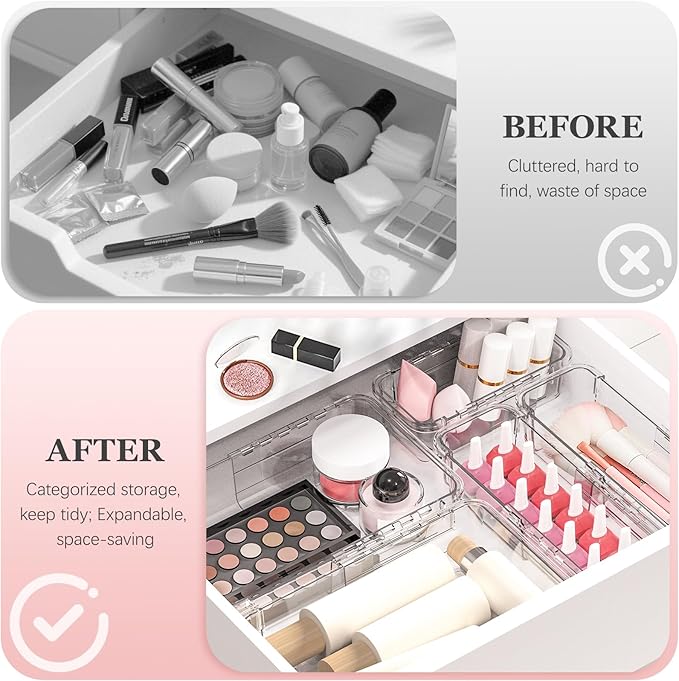 DILIBRA 12 Pcs Clear Extendable Drawer Organizer, Adjustable Drawer Storage 2-Size Desk Drawer Organizer, Plastic Non-Slip Storage Bins for Makeup, Cosmetic, Jewelries, Utensils, Stationery, Dressers