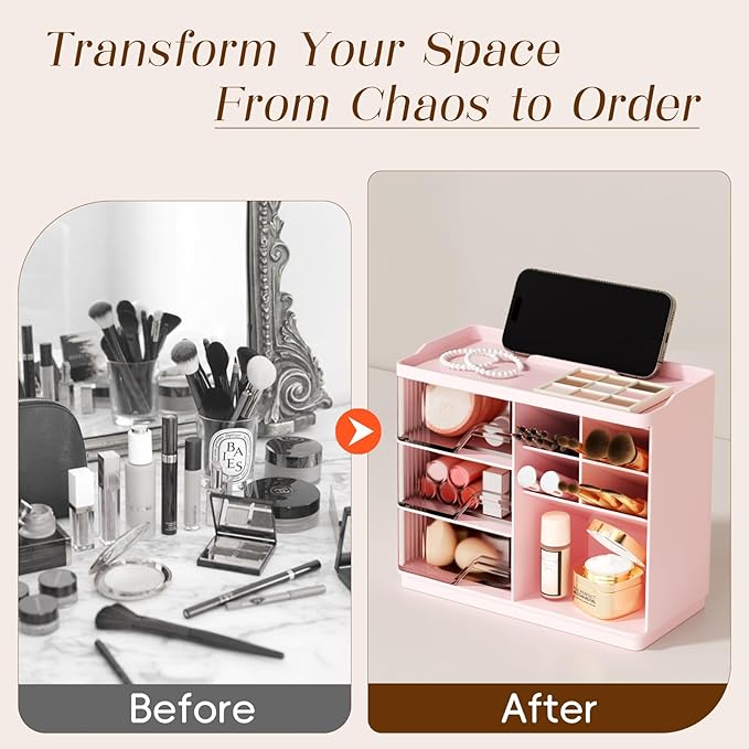 Small Makeup Organizer with Drawers, Stackable Bathroom Couneter Organizer with Phone Holder, Versatile Vanity Organizer Countertop, Cosmetic Organizer for Makeup Brush, Skin Care, Lotion -Pink,1Pack
