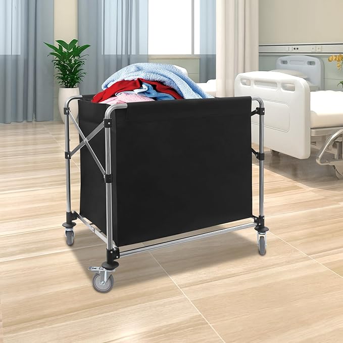 Commercial Laundry Cart with Wheels,Folding Laundry Hamper Cart,Heavy Duty Rolling Laundry Basket with Large Capacity,Laundry Sorter Trolley for Home Hotel Apartment (Black, 35.43 * 23.62 * 34.65in)