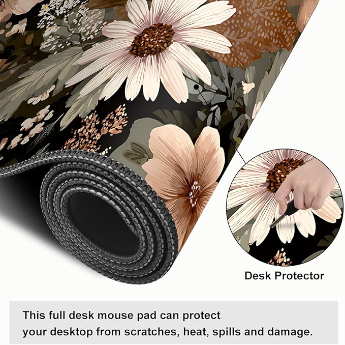 Vintage Beige Floral Mouse Pad – Large Extended Desk Mat 31.5 x 11.8 in– Neutral Retro Botanical Design, Non-Slip Rubber Base, Waterproof Surface, Oversized Keyboard & Mouse Pad for Office or Home
