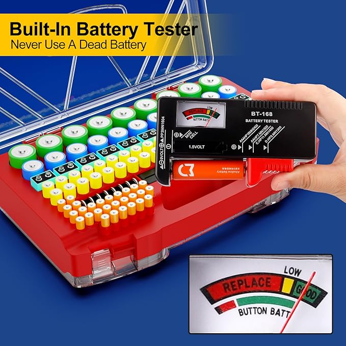 Battery Organizer Storage Holder Box Case with Tester, New Ultra-Large 285+Batteries Double-Sided Variety Pack, Holds AA AAA 4A C D Button Cell 9V 3V CR123 CR1632 LR44 Lithium18650 CR2 Red