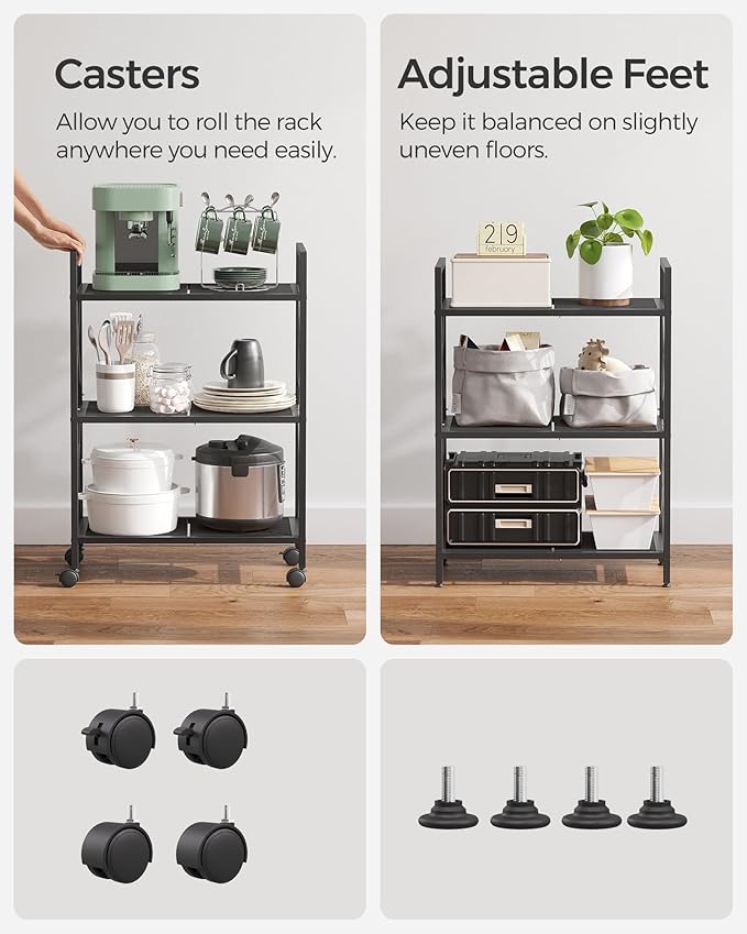 SONGMICS 3-Tier Metal Storage Rack with Wheels, Mesh Shelving Unit with X Side Frames, 23.6-Inch Width, for Entryway, Kitchen, Living Room, Bathroom, Industrial Style, Black UBSC163B01