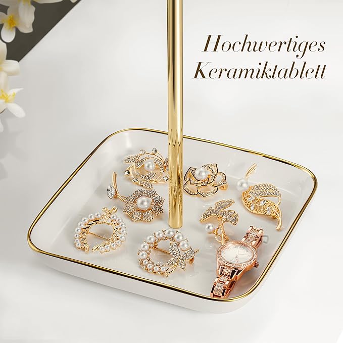 Jewelry Holder Stand with Ceramic Base: 12" Tall Necklace Organizer Rack, Tree Design Display Storage for Necklaces, Bracelets, Rings, Earrings, Aesthetic Room Décor for Girls and Women, Gold