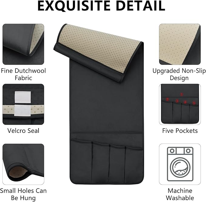 TV Remote Control Holder Couch Caddy, Non-slip Bedside Caddy Organizer with 5 Pockets for Key Glasses Phone Magazine Holders (Black, 35"x12.4")