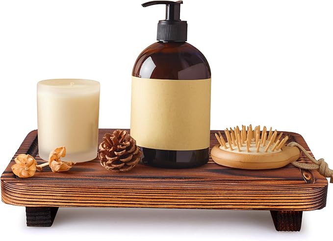 Farmhouse Bathroom Counter Organizer Wood Risers Display Pedestal Stand Small Kitchen Countertop Trays Decorative Wooden Dish Soap Dispenser Holder for Bathroom Decor Sink Accessories Vanity Tray