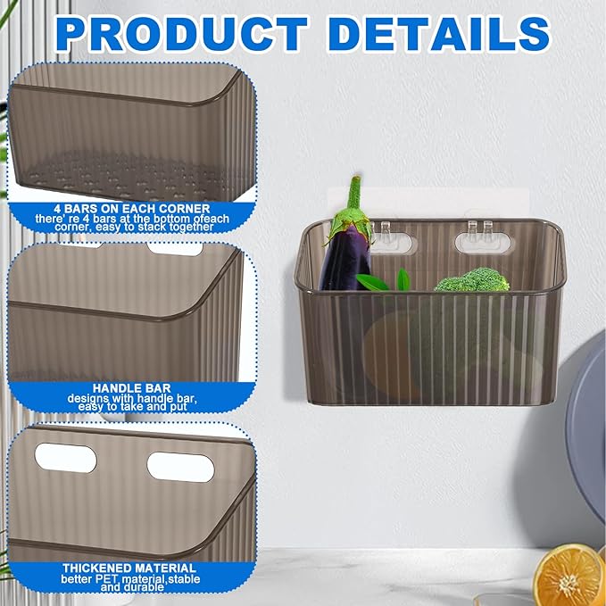 6Pcs Storage Organizer Bins Wall Mounted Organizer Basket Large Size Clear Plastic Makeup Organizer Adhesive Hanging Bin for Bathroom Kitchen Pantry（Grey）