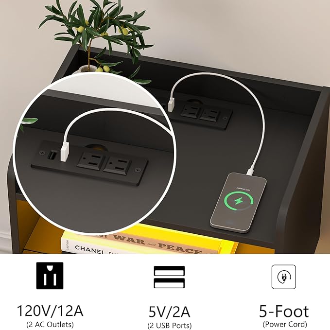White Floating Nightstand with Charging Station and LED Lights (Black)