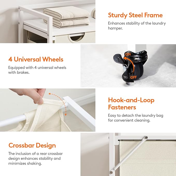 Lifewit Laundry Hamper 4 Section, 168L Pull out Laundry Clothes Basket Organizer with Large Top Shelf and 4 Removable Bags and Handles for Laundry Room Bedroom Bathroom, White with Wheels