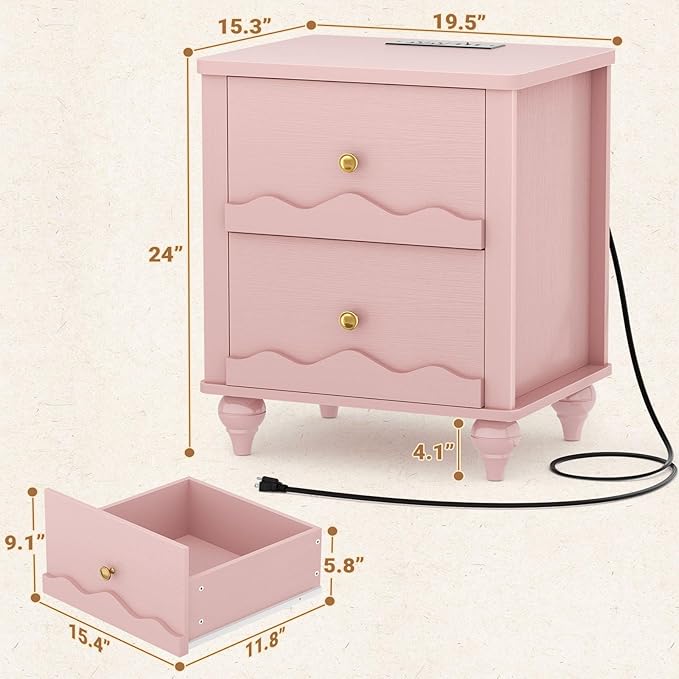 Cyclysio Nightstand with Charging Station, Side End Table with 2 Drawers, Modern Wood Night Stand with Scalloped Pattern for Bedroom, Bedside Night Tables with Solid Wood Gourd Legs