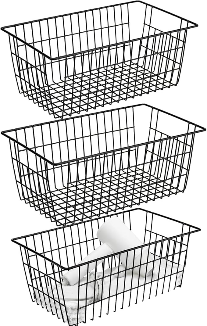 Wire Storage Basket Organizer Bins Farmhouse Metal Basket Pantry Large Organizing Storage Bin Baskets for Kitchen Cabinets, Pantry, Freezer, Bathroom,Closets-Set of 3-Black