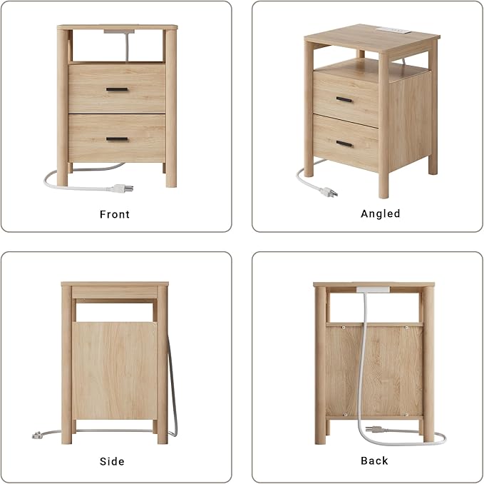 Night Stand Set of 2 with Charging Station, 20" Large Modern Side Table with Solid Round Post Legs, 2 Drawers End Table with Open Shelf, Nightstand for Bedroom, Natural Oak