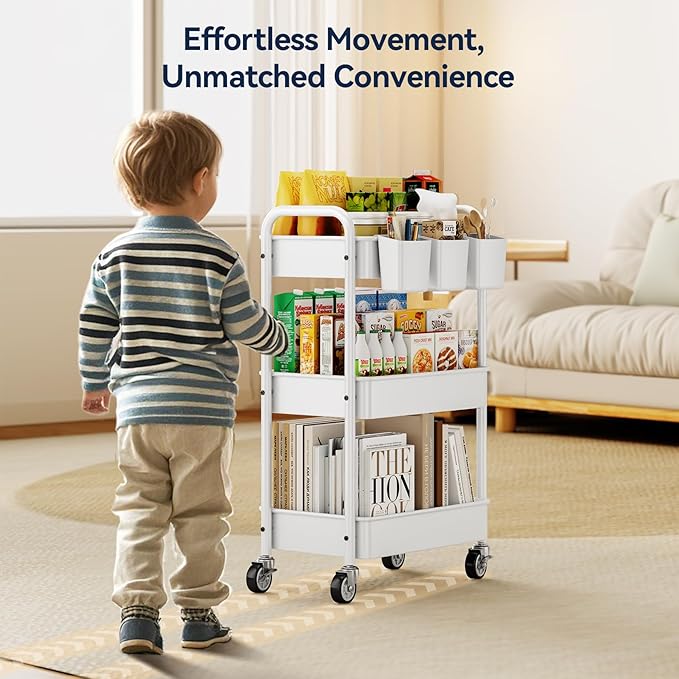 YASONIC Metal 3 Tier Rolling Cart - Heavy Duty Utility Cart with Lockable Wheels, Hanging Cups, Hooks, Mesh Rolling Storage Cart Craft Cart Organizer, Lightweight and Sturdy, White