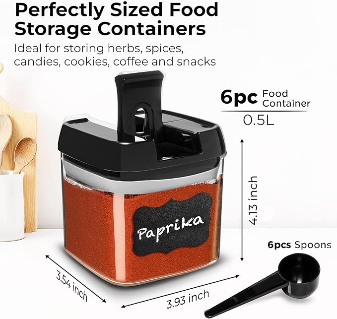 Shazo 6 PC Airtight Food Storage Containers + 6 Spoons - BPA Free Clear Plastic Snack & Spice Containers with Easy Lock Lids - Kitchen and Pantry Organization for Herbs, Coffee, Tea - 0.5L / 2.1 Cups