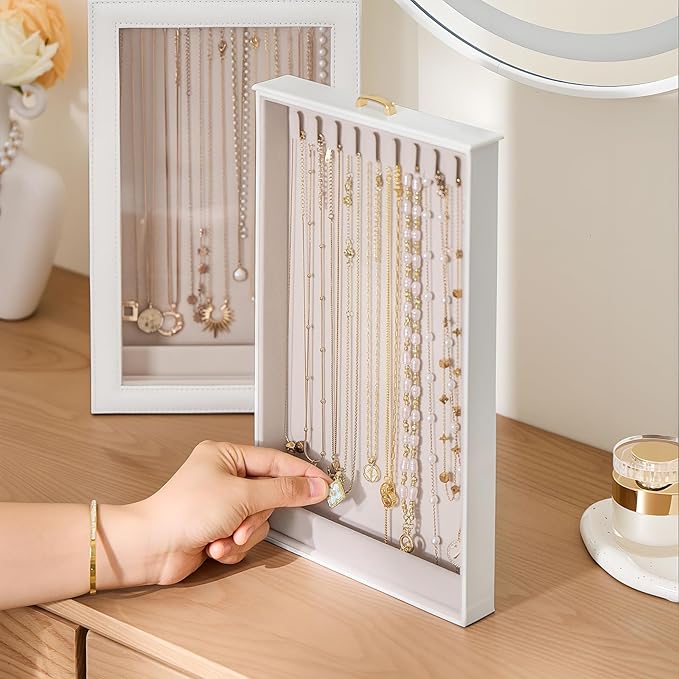 Lolalet Necklace Organizer Box, 2-Layer Jewelry Storage Boxes with Clear Lid for Necklaces, Tangle-Free Necklace Display Case for Women Girls -White
