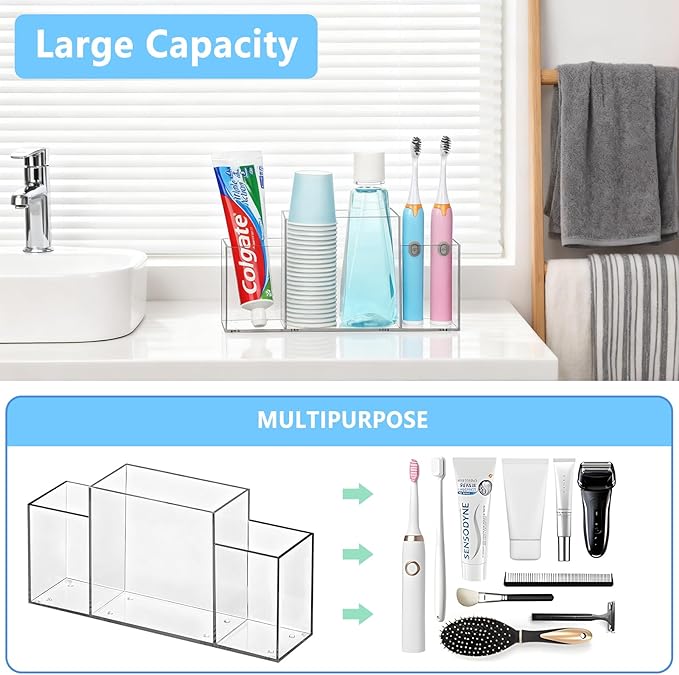 Acrylic Toothbrush Holder for Bathroom Counter, Clear Multi-Functional Toothbrush Organizer with Compartments for Electric Toothbrush, Toothpaste