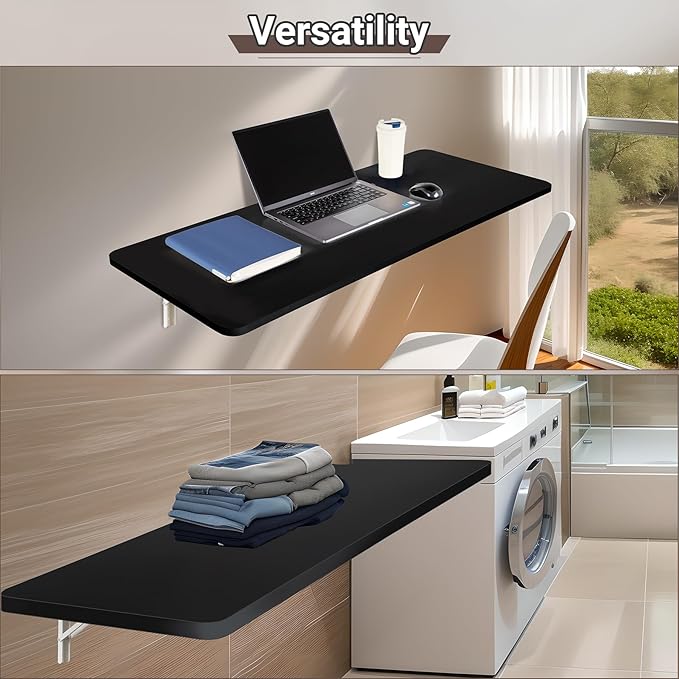 Wall Mounted Folding Table 47.2”L x 19.7”W, Laundry Folding Table with Heavy Duty Metal Collapsible Shelf Brackets, Wall Mounted Desk Fold Down for Small Spaces, Black