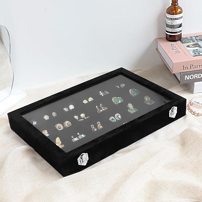 Wudygirl Jewelry Organizer 24 Grid Jewelry Tray with Clear Lid Velvet Jewelry Box Earrings Holder Organizer Jewelry Display Case (Black 24 Grid)
