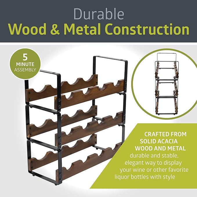 Pearington 12 Bottle Stackable Wine Rack, Rustic 3-Tier Solid Acacia Wood and Iron Wine Bottle Holder, Free Standing Countertop Liquor Display Shelf, 17" x 7.2" x 16.5"