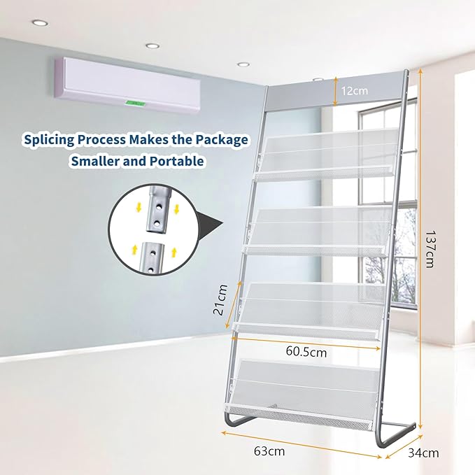 Floor Standing Magazine Rack, 4 Tier Document Display Rack, Suitable for Exhibitions Libraries Waiting Rooms Shopping Malls (Silver)