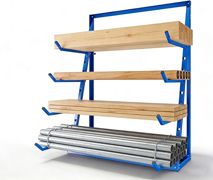 48x16x62'' Heavy Duty 4 Tiers Horizontal Lumber Storage Rack, 2400lbs Load Alloy Steel Lumber Pipe Organizer Shelf, Adjustable Bar Storage Cantilever Rack for Garage Workshop, Woodworking Shop