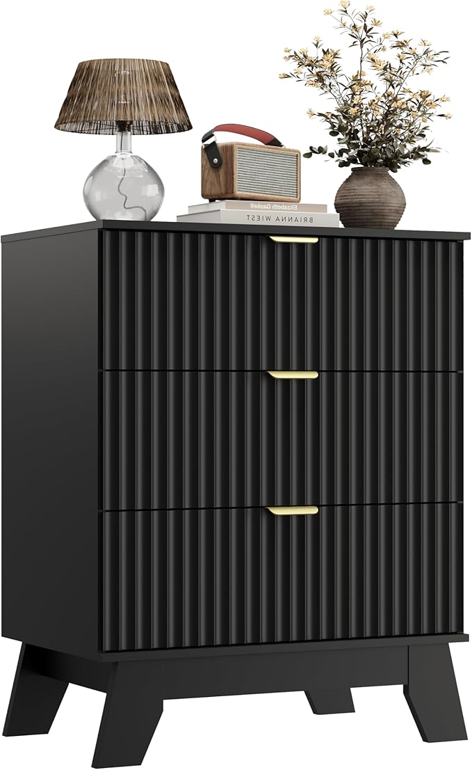 Black Night Stand with 3 Drawers, Bedside Table & End Table, 24" Wide Mid Century Modern Fluted Wood Nightstand with Metal Handles, Farmhouse Night Stands for Bedroom