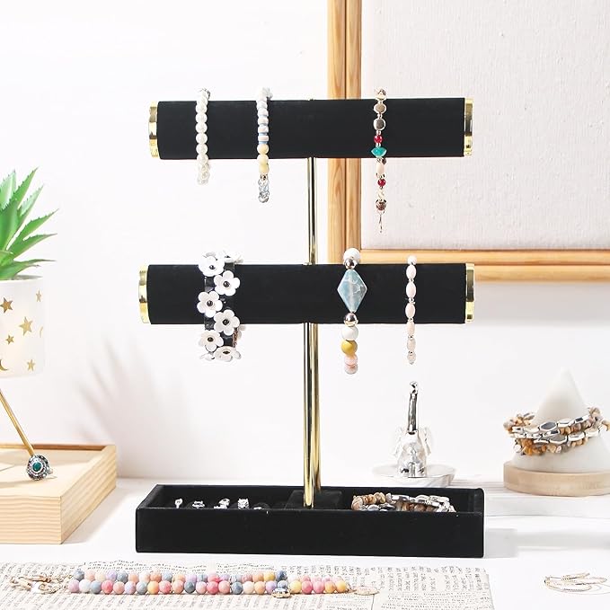Bracelet Holder, 2-Tier Bracelet Display Stand for Vendors, T-Bar Necklace Scrunchie Storage Rack, Bangle Watch Jewelry Display Tower(Black，2 Tier)