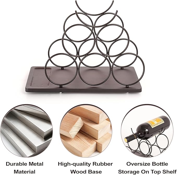 Countertop Wine Rack,Small Wine Rack and Wine Bottle Holder for 6 Bottles, Rustic Wood and Metal Freestanding Wine Organizer for Kitchen, Tabletop, or Bar
