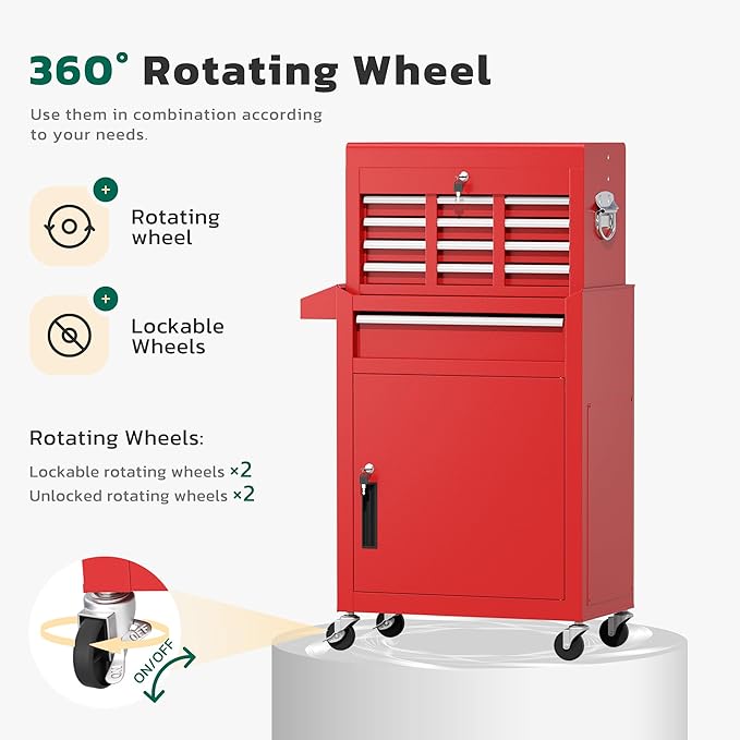 Greenvelly Tool Chest, 5-Drawer Rolling Tool Chest with Hooks and Lockable Wheels,Metal Storage Detachable Top Tool Box with Lockable Wheels for Garage,Workshop,Art Studio(Red)