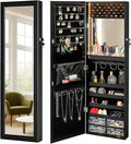 LUXFURNI 79 LED Lights Mirror Jewelry Cabinet, Wall Mounted/Door-Hanging Mirror with Storage, Lockable Jewelry Mirror Organizer, Black