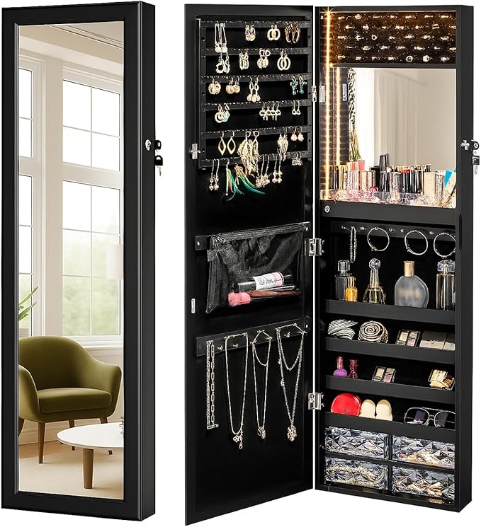LUXFURNI 79 LED Lights Mirror Jewelry Cabinet, Wall Mounted/Door-Hanging Mirror with Storage, Lockable Jewelry Mirror Organizer, Black