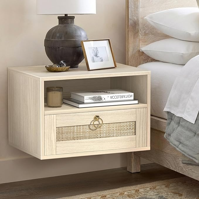 Floating Nightstand with Drawer for Wall Mounted Hanging Rattan Night Stand Bed Side Tables Wooden End Table Small Boho Dressers Farmhouse Shelves for Bedroom