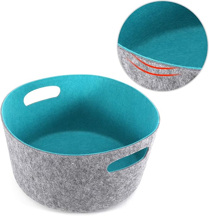 Welaxy Large Storage Basket Felt Open Storage Bins Desk Organize bin Shelf Box with Handles for Magazines Books Junk Kids Toys Pet Toy Clothes Laundry Organizing Round(Turquoise)