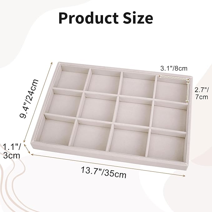 Mornajina 12 Grids Velvet Jewelry Tray Jewelry Display Tray, Stackable Empty Plate Trays for Earrings Necklaces Bracelet Rings Display Showcase - Beige