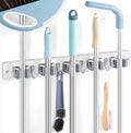 White Broom Holder Wall Mount - Heavy Duty Wood Mop and Broom Organizer with 5 Slots & 4 Hooks - Garden Tool Hanger for Laundry Room Closet Kitchen Garage Storage and Organization - Modern Home Decor